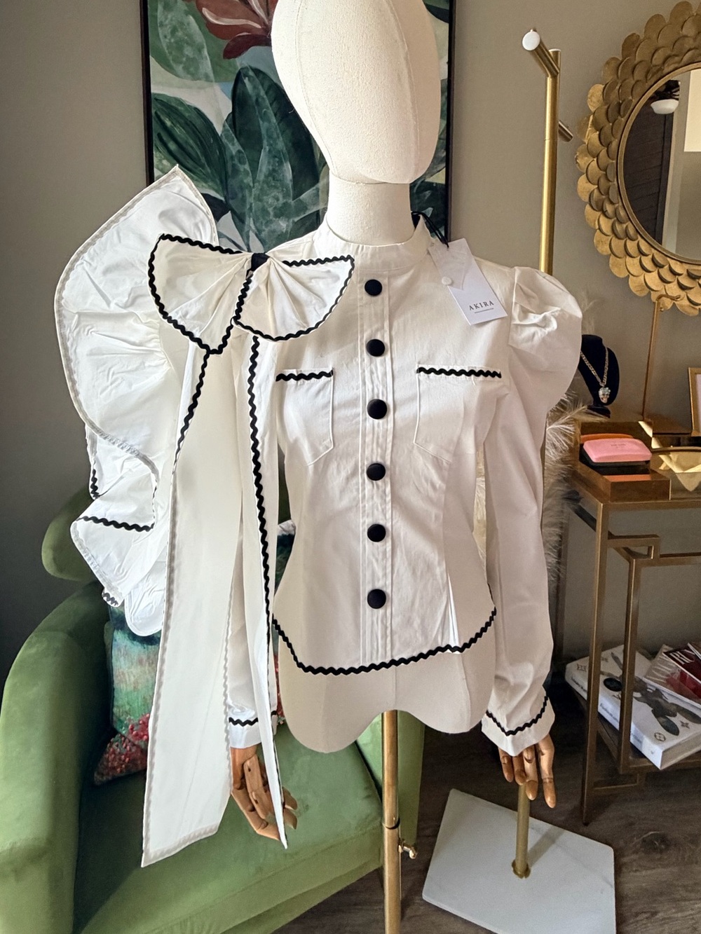 AKIRA White Statement Ruffle Blouse Black Trim Cotton Stretch Size Small NWT - Picture 14 of 14